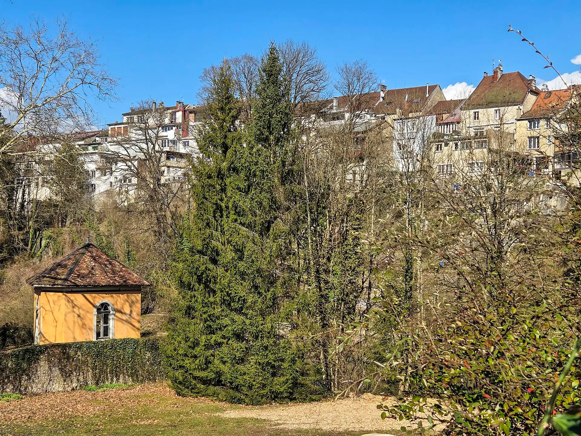 Champagnole au-dessus des jardins et des arbres de la vallée de l’Ain
