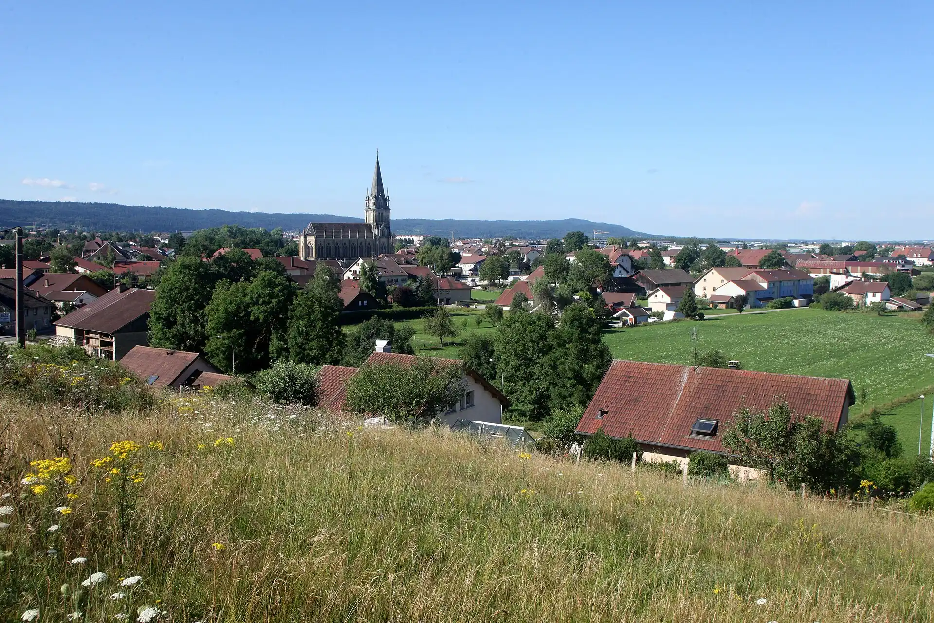Doubs, ses maisons et son église au milieu des prairies